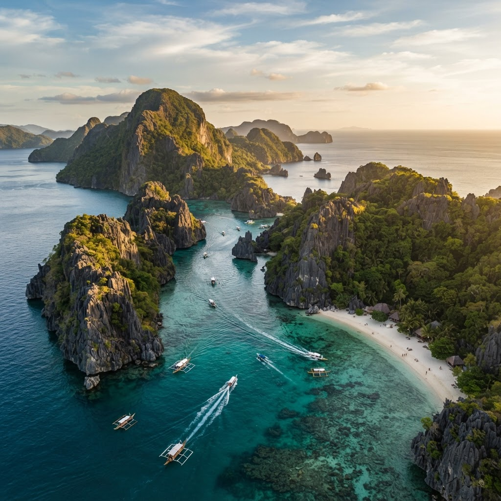 Aerial view of El Nido's limestone islands and turquoise lagoons in Palawan