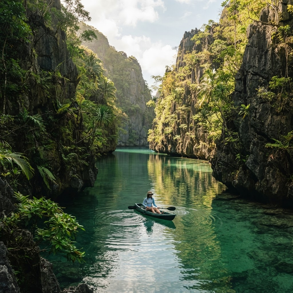 A hidden lagoon framed by limestone cliffs in El Nido, Palawan